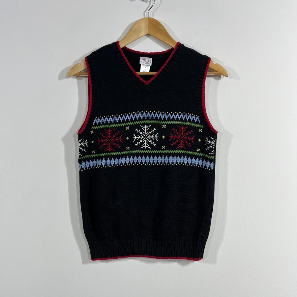 Talbots Kids Cotton Snowflake Fair Isle V-Neck Sweater Vest Size 14 Holiday Ski